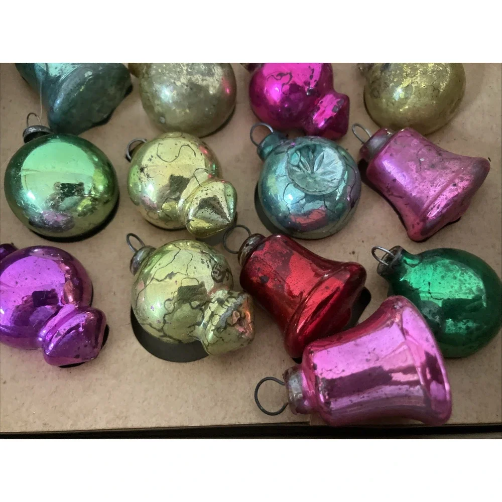 Set Lot 39 Vtg Shiny Brite Mini Mercury Glass Christmas Tree Ornaments Baubles